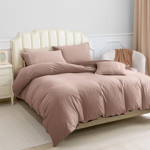 PURE ERA Jersey Knit Duvet Cover Set 100% T-Shirt Cotton Super Soft Comfy 3pc Bedding Set with Zipper Closure (Petal Pink/Dark Brown, Queen, 90"X90") PURE ERA