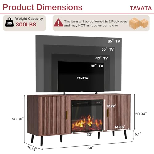 TAVATA 58" Fireplace TV Stand with 23" Fireplace Up to 65" TVs, Fluted Modern Entertainment Center with Storage Cabinet and Adjustable Shelves, Media TV Console Table for Living Room, Brown TAVATA