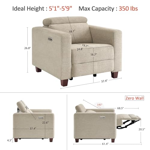 MCombo Zero Wall Recliner Chair, Wall Hugger Power Recliner Chair with Adjustable Headrest, High Wood Leg, USB & Type C Dual Charge Ports, for Living Room, Small Spaces, HL128 (Textile, Beige)
