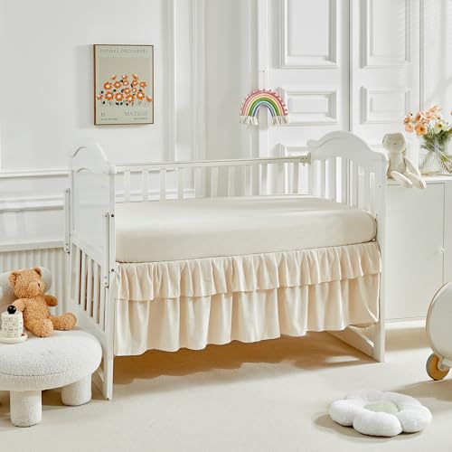 3 Pieces Tufted Stripes Crib Bedding Set with Ruffle Fringe, Beige Ruffled Comforter with Fitted Sheet and Bed Skirt , Soft and Embroidery Shabby Chic Boho Bohemian Jacquard Design for Baby Girls Boys Flysheep