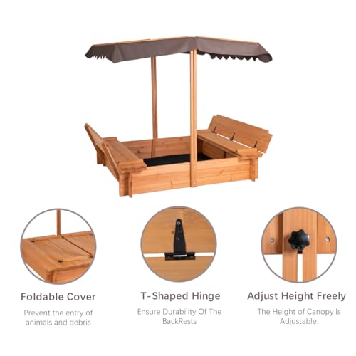 BIRASIL Wood Sandbox with Cover, Sand Box with 2 Bench Seats for Aged 3-8 Years Old, Sand Boxes for Backyard Garden, Sand Pit for Beach Patio Outdoor (Natural Wood, 48 Inch) BIRASIL