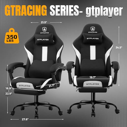 GTPLAYER Gaming Chair with Foot Rest & Pocket Spring Cushion, Breathable Fabric for Home Office Desk, Ergonomic High Back Computer Chair with Headrest & Lumbar Support, Black GTPLAYER