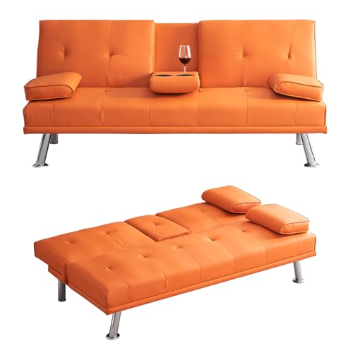 ODOLAR 70" Futon Sofa Bed,Multifunctional Convertible Folding Futon Sofa Bed with Coffee Table, 3 Adjustable Reclining Sleeper Sofa, Small Leather Couch for Living Room/Bedroom Small Spaces (Orange) ODOLAR