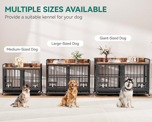 YITAHOME 37.5'' Heavy Duty Dog Crate with Removable Divider, Double Doors & Locks Design, Furniture Style Large Dog Crate with 360° Rotatable Dog Bowls & 360° Wheels & 2 Trays for Small/Medium Dog YITAHOME