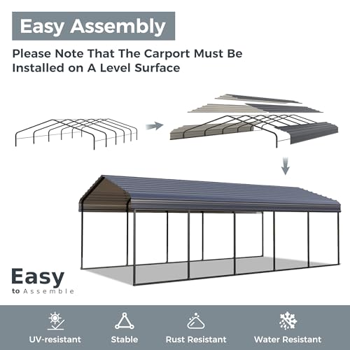 GREEN PARTY 12 x 25 ft Metal Carport Kits with Galvanized Steel Roof, Heavy Duty Metal Carport Canopy, Outdoor Car Tent Metal Garage Shelter for Car, SUV, Truck and Boats, Grey GREEN PARTY