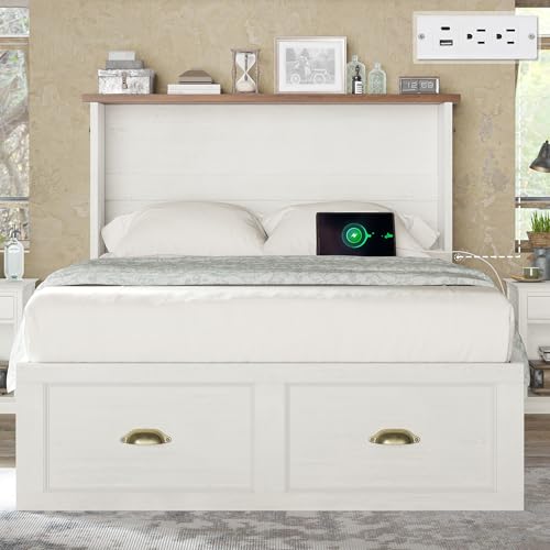 AMERLIFE Twin Size Murphy Bed, Farmhouse Wooden Cabinet with Charging Station and Storage Drawer for Bedroom/Office/Guest Room, White+Barnwood AMERLIFE