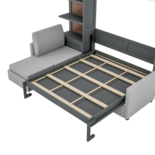 Ball & Cast Murphy Bed Queen Size Wall Bed with Sofa,Wood Murphy Bed,Platform Bedfram Chest can be Folded,Hideaway Cabinet w/Shelves and Slat Support,Space-Saving Furniture for Study,Office,Gray Ball & Cast