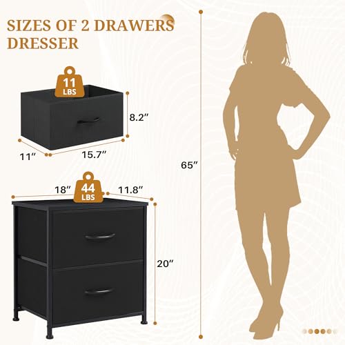 Accver Nightstand, 2 Drawer Dresser Bedside Storage Furniture, Small Dresser with 2 Drawers, End Table with Fabric for Bedroom, Closet, Entryway, College Dorm, Black Accver
