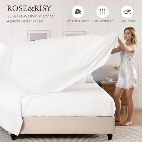 ROSE&RISY White King Sheet Set Pre-Washed Cotton-Like Microfiber, 4 Pieces Ultra Soft Bed Sheet Set King, Breathable Deep Pocket Skin Friendly, Includes 1 Fitted, 1 Flat, 2 Pillowcases (White, King)