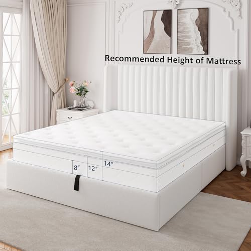 GalnFu Full Size Lift Up Storage Bed, Upholstered Velvet Platform Bed Frame with Wingback Headboard, Hydraulic System, Solid Wooden Slats Support, No Box Spring Needed, Easy Assembly, White GalnFu
