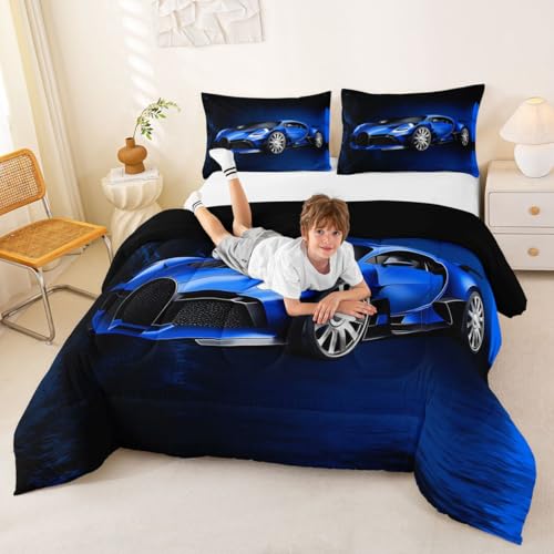Feelyou Sports Car Comforter Blue Race Car Comforter Set for Kids Boys Girls Extreme Sports Theme Bedding Set Cool Speed Luxury Car Decor Quilt Set with 1 Pillowcase 2Pcs Bedding Twin Feelyou