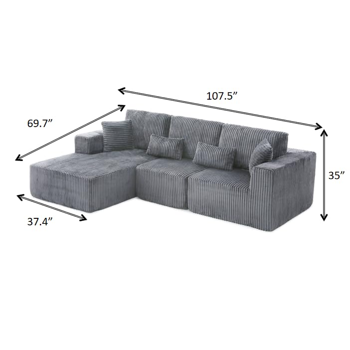 HYJT-H&K Modular Sectional Sofa Cloud Sectional Couch, 107" Comfy Fluffy L Shaped Dark Grey Couches for Living Room, Deep Seat Memory Foam Plush Corduroy Boneless Couch Sectionals Left Facing Chaise HYJT-H&K