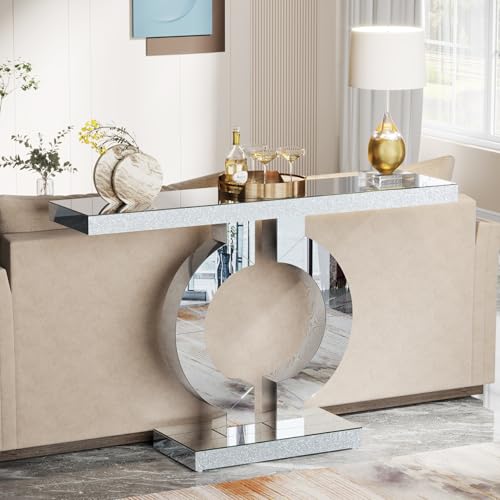 Tribesigns Modern Mirrored Console Table, Glass Sofa Table with Mirror Finish, 43-Inch Entryway Table with O-Shaped Base, Rectangular Accent Foyer Table for Living Room Hallway Entrance (Silver) Tribesigns