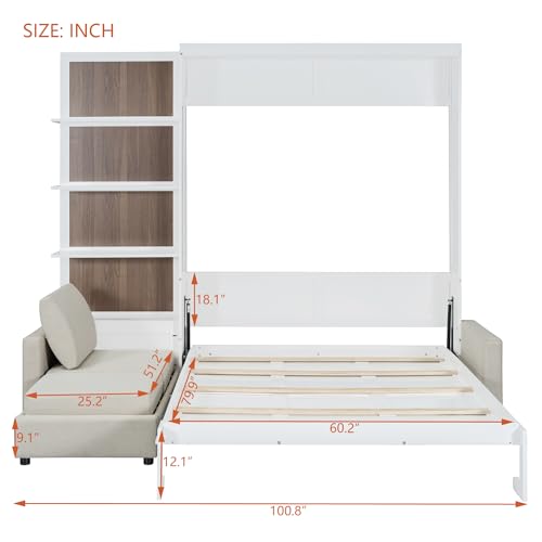 Queen Size Murphy Bed with Sofa and Shelves, Solid Wood Wall Bed can be Folded into a Cabinet for Small Spaces Apartments Studio Guest Room (White#S1) Quarte