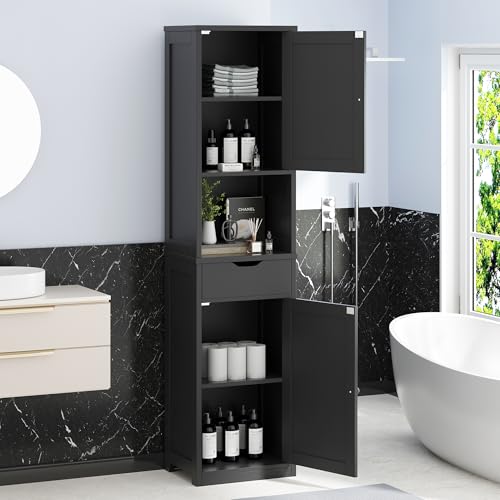 Vongrasig Tall Bathroom Storage Cabine, 64”H Freestanding Storage Pantry Cabinet, Narrow Cabinet with Adjustable Shelves, Open compartments for Small Spaces, Bathroom, Living Room, Kitchen, Black Vongrasig