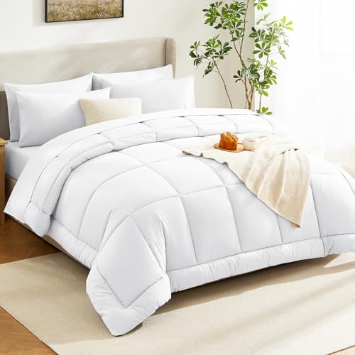 CozyLux King Size Comforter Set White, 7 Pieces Bed in a Bag, White Comforter King Size, All Season Bedding Sets with Stitch Quilted Comforter, Flat Sheet, Fitted Sheet, Pillowcases CozyLux