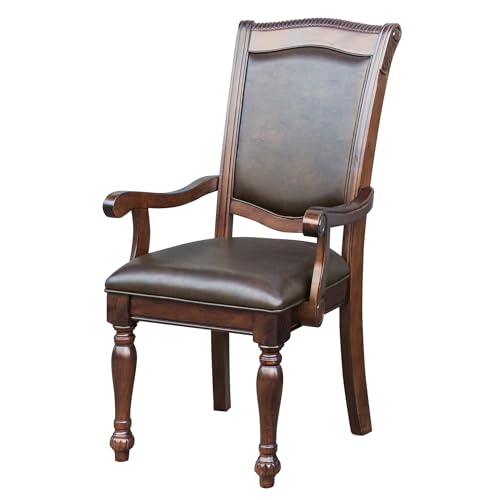 URPRIME Traditional Dining Room Armchairs, Brown Cherry Finish, Upholstered Seat, Wood, of 2 Wood Faux Leather Room, 40.5" Height URPRIME