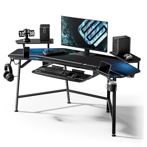 EUREKA ERGONOMIC Aero 72 Inch Gaming Desk with Keyboard Tray, Large Computer Desk Led Lights, Wing-Shaped Monitor Stand Dual Headphone Hanger Cup Holder for Studio,Streamer,Live,Black EUREKA ERGONOMIC