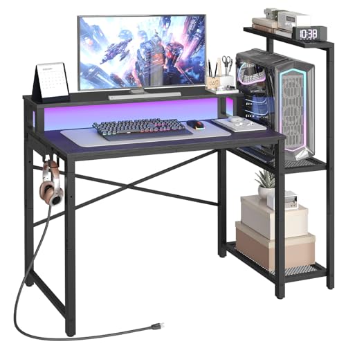 YATINEY Computer Desk with LED Light and Power Outlet, Small Gaming Desk with Monitor Stand, Reversible Game Table with 2 Side Hooks, Home Office Desk for Living Room, Bedroom, Black DN06UDBB YATINEY