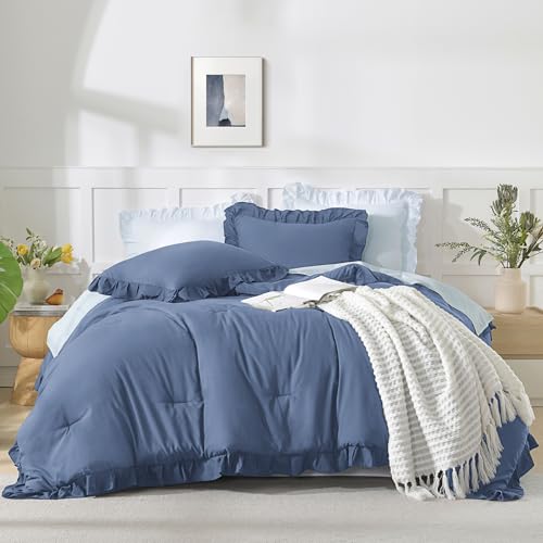 Andency Ocean Blue King Size Comforter Set, 3 Pieces Solid Farmhouse Shabby Chic Bedding Comforters & Sets, All Season Western Rustic Soft Down Alternative Bed Set for Adult Men Women Andency