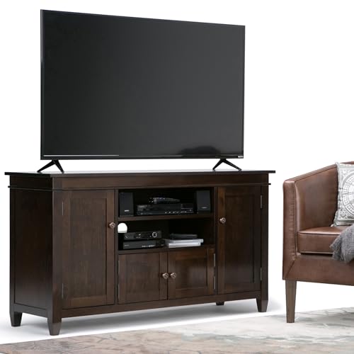SIMPLIHOME Carlton SOLID WOOD Universal TV Media Stand, 54 Inch Wide, Contemporary, Living Room Entertainment Center, for Flat Screen TVs up to 60 Inch in Dark Tobacco Brown SIMPLIHOME