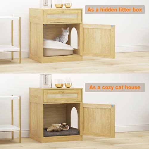 COSLIANA Cat Litter Box Enclosure, Hidden Cat Litter Box Furniture Indoor Wood Cat House Rattan End Table with Drawer, Oak COSLIANA
