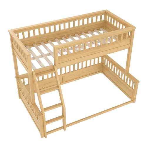 Bellemave Twin Over Full Bunk Bed for Kids/Adults,Floor Bunk Beds with Inclined Ladder,Solid Wood Low Bunk Bed for Teens,Girls,Boys,Detachable,Natural Bellemave