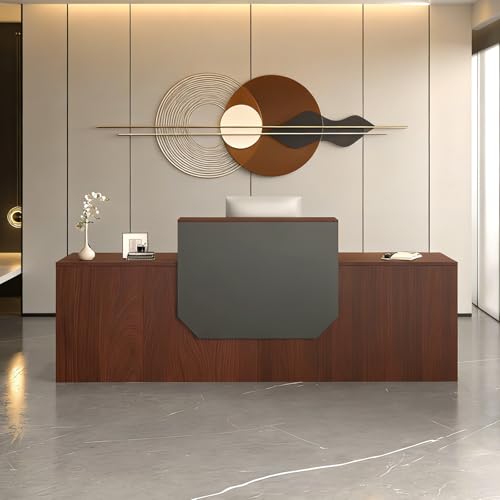 Reception Desk with Counter,L-Shaped Modern Front Desk Reception Room Tables with Ample Storage & Lockers,Easy Assembly,78.8"Checkout Counter for Office,Retail,Lobby,Beauty Salon (Walnut, 78.7in) OYRWSF