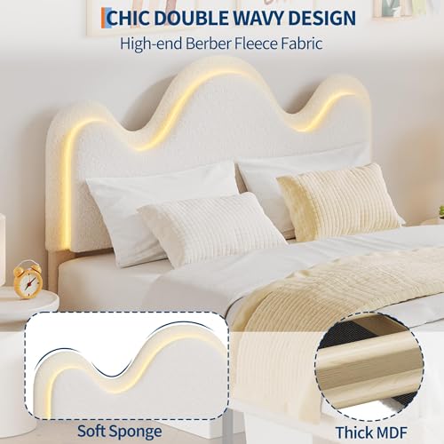 IDEALHOUSE Full Bed Frame with LED Headboard and Under-Bed Drawer, Metal Upholstered Platform Bed with LED Light for Kids, Girls, Lamb Fleece Fabric, Wooden Slats Support, No Box Spring Needed, White IDEALHOUSE