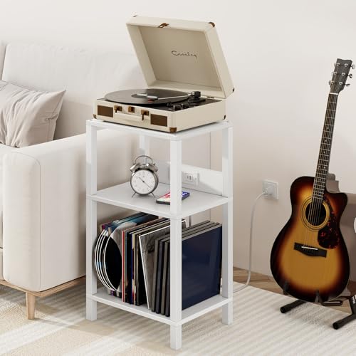 TUTOTAK Record Player Stand with Storage Up to 100 Albums,Record Storage Table,3 Tier End Table with Charging Station,Side Table for Living Room, Bedroom, White TB01BW076 TUTOTAK