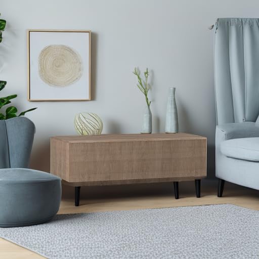 Henn&Hart 48" Fluted Rectangular Low-Profile Coffee Table for Living Room, Family Room, or Office, Antiqued Gray Oak Henn&Hart