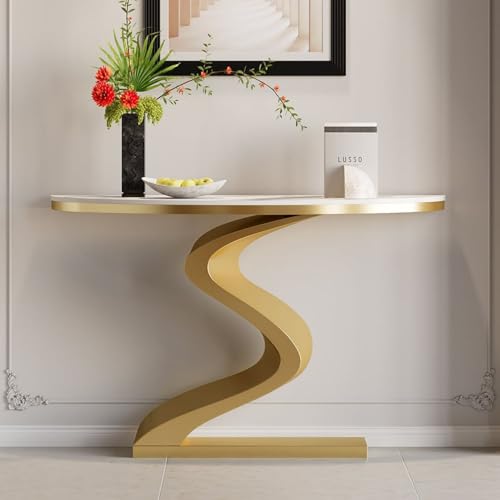 homary 39.4" White & Gold Half Circle Entry Table, Half Moon Wall Table with Uniquely Designed Curved Legs for Entryway/Hallway/Living Room/Foyer, Sintered Stone Top homary