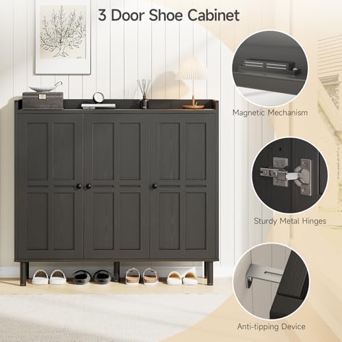 ONBRILL Shoe Cabinet with 3 Doors and Adjustable Shelves, 30 Pairs Shoe Storage Cabinet, 40 Inch Tall Farmhouse Shoe Rack Shoe Organizer Cabinet for Entryway Living Room Closet, Black ONBRILL