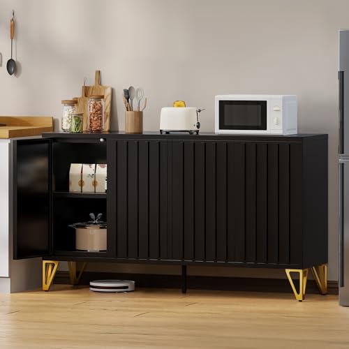 YITAHOME 55" Metal Storage Cabinet, Sideboard Buffet Cabinet with Adjustable Shelf, Metal Accent Console Credenza for Living Room, Kitchen, Dining Room, Black YITAHOME