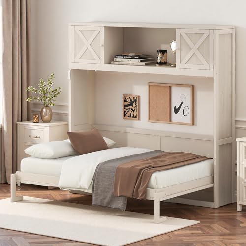 SOFTSEA Full Size Horizontal Murphy Bed with Storage Cabinets, Wood Hideaway Platform Bed Frame with Open Shelf, Wall Bed for Home Guest Room Small Room, Beige SOFTSEA