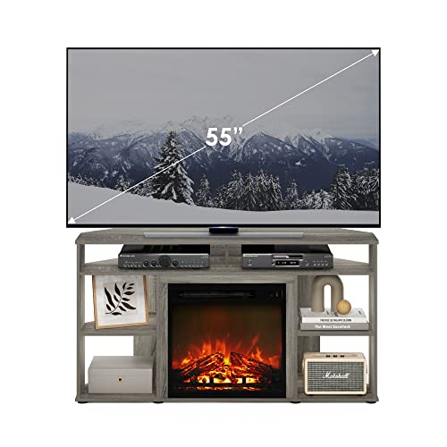 Furinno Jensen Corner TV Stand with Fireplace for TV up to 55 Inches, French Oak Grey Furinno