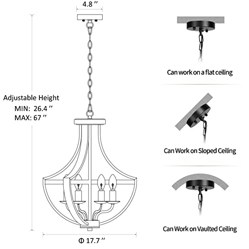 17.7" Modern Farmhouse Geometric Chandelier Light Fixture, 5-Light Adjustable Height Rustic Hanging Pendant Lighting for Dining Room Foyer Kitchen Island, Retro Wood Texture and Black Finish WOAEKR