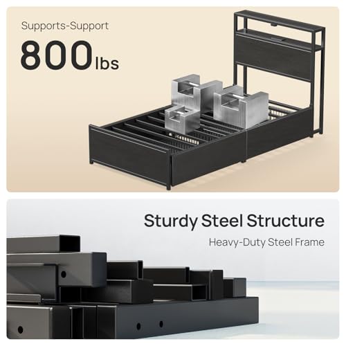 Rolanstar Twin Bed Frame with 4 Storage Drawers, Charging Station and LED Lights, Metal Platform Bed with 2-Tier Storage Headboard, No Box Spring Needed, Easy Assembly, Noise-Free, Black Rolanstar