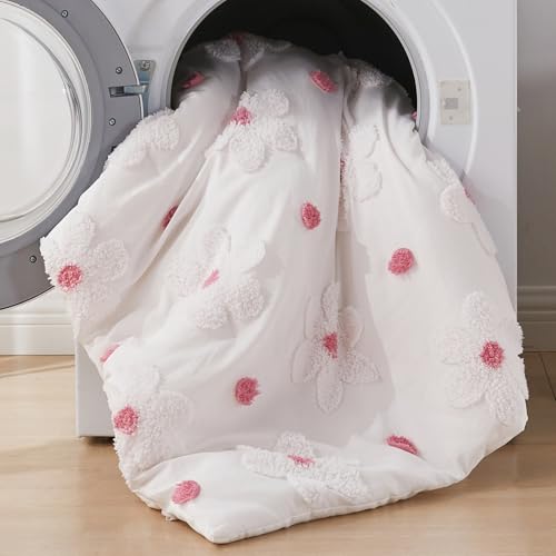 CotComf Toddler Bedding Set for Girls 4-Piece Pink Boho Tufted Daisy Flowers Toddler Comforter Sheets Set Bed-in-a-Bag Toddler Bedroom Set with Comforter, Flat Sheet, Fitted Sheet, Pillowcase CotComf