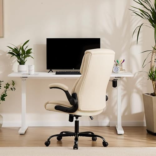 Sweetcrispy Ergonomic Office Chair Heavy Duty Task Desk Chair with Flip-up Arms, PU Leather, Adjustable Swivel Rolling Chair with Wheels, Beige Sweetcrispy