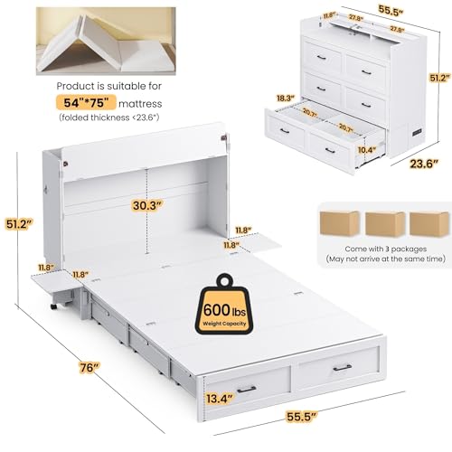 Kikihouse Murphy Bed with Motion Sensor Lights, Full Size Murphy Cabinet Bed Hideaway Bed with Storage & Charging Station for Bedroom/Guest Room/Office, Foldable Platform Bed Frame, White Kikihouse