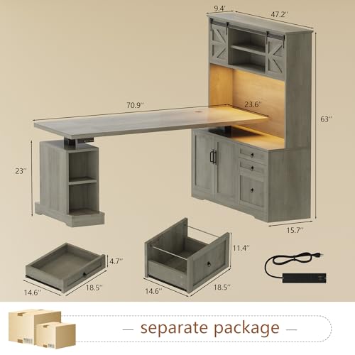 Homiflex 70.86" Farmhouse L Shaped Standing Desk with Hutch Electric Height Adjustable Desk with Storage Corner Computer Desk with File Drawer Power Outlets LED Gaming Desk with Sliding Door, Grey Homiflex