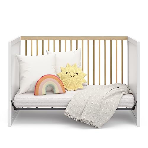 Storkcraft Calabasas 3-in-1 Convertible Crib (White with Driftwood) – GREENGUARD Gold Certified, Fits Standard Crib Mattress, Converts to Toddler Bed, Modern Style, Easy 30-Minute Assembly Storkcraft