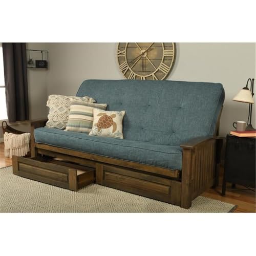 BOWERY HILL Queen-Size Wood Futon Sofa Bed with Storage, Aqua Blue Hand-Tufted Mattress, Rustic Walnut Brown Frame, Solid Hardwood Construction, 87 x 37 x 33 in, Sofa Height Seating, Sit Lounge Sleep BOWERY HILL