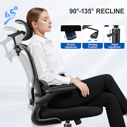 ALLGOD Ergonomic Office Chair, Mesh Desk Chair with Lumbar Support, High Back Home Office Chair with Adjustable Headrest and Flip-Up Arms, Comfortable Computer Chair, Thick Cushion, 300 LBS, Black ALLGOD