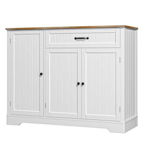 Gizoon Kitchen Coffee Bar Cabinet with Storage Kitchen Sideboard Buffet Cabinet with Drawers, Short Pantry with Door and Shelves for Bathroom and Living Room, White and Rustic Gizoon