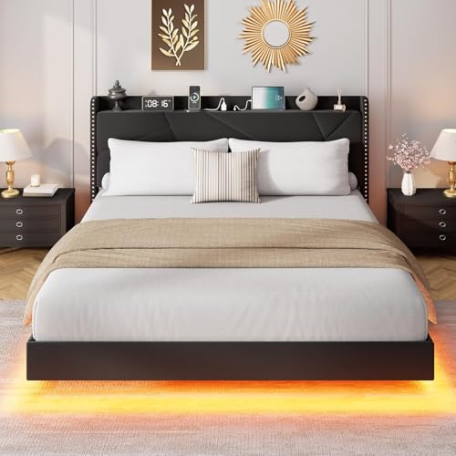 Garvee Full Size Floating Bed Frame with RGB LED Lights and Charging Station, Upholstered Platform Bed with Storage Headboard and Button Tufted Design, No Box Spring Needed, Black Garvee