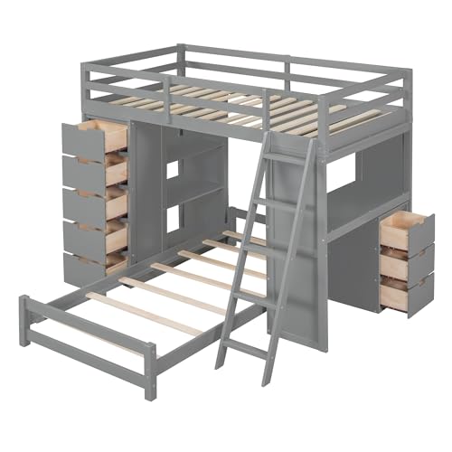 Merax Twin Multifunction Bunk Bed with Desk/Storage Drawers, Wood Bunk Bed with LED Light and USB Ports for Boys, Girls, No Box Spring Needed Gray Merax