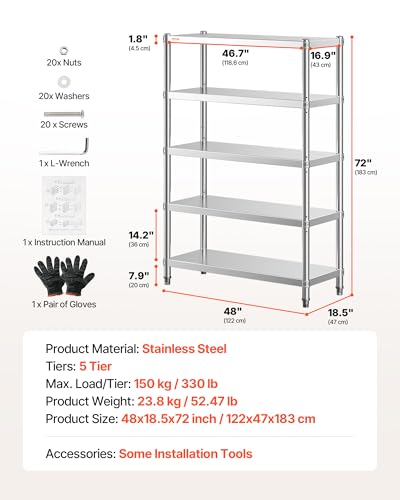 VEVOR Stainless Steel Shelving 48x18.5 Inch 5 Tier Adjustable Shelf Storage Unit Stainless Steel Heavy Duty Shelving for Kitchen Commercial Office Garage Storage 330lb Per Shelf VEVOR