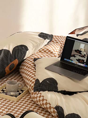Houseri Black and White Floral Comforter Set Full for Teen Girls Kawaii 3D Sunflower Bedding Comforters Sets Full Size Black Botanical Comforter Cute Relief Print Beige Brown Plaid Bedding Sets Full Houseri
